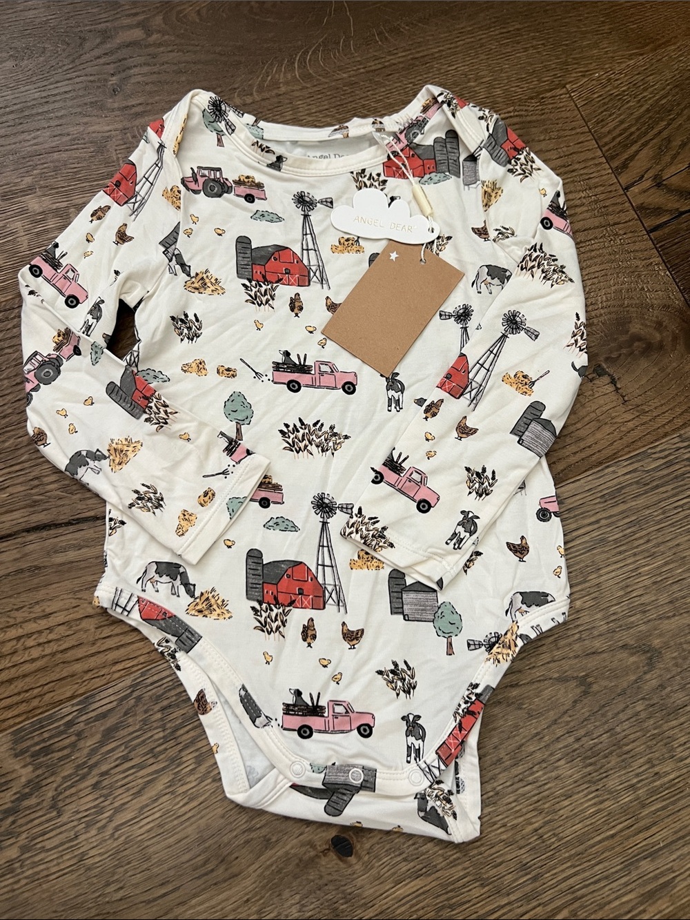 Angel Dear Cream Farm Print Long-Sleeve One-Piece with Pink Trucks